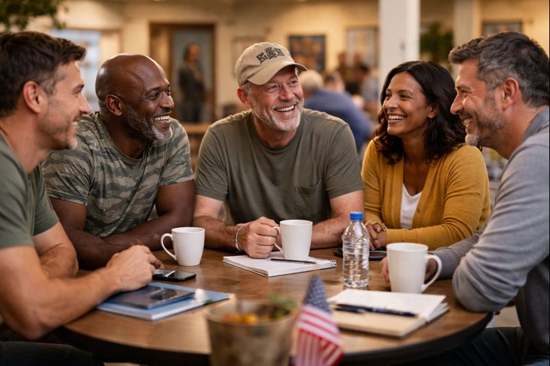 friends chatting 2 Four people sitting around a table drinking coffee and talking